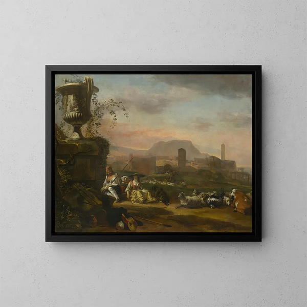 Landskab med romerske landsbyboere med hyrder - Jan Baptist Weenix — indrammet kunstværk på væggen