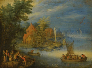 Jan Brueghel the Younger - A Town On The Banks Of A Wide River With A Heavily Laden Ferry Approaching The Shore In The Forgeound.webp