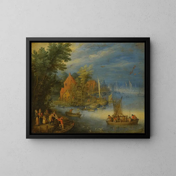 En by ved bredden af en bred flod med en tungt lastet færge, der nærmer sig kysten i forgrunden - Jan Brueghel den Yngre — indrammet kunstværk på væggen