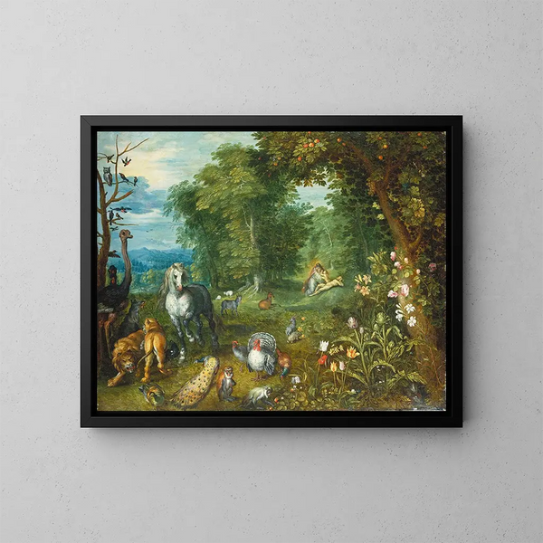 Le Paradis med Skabelsen af Eva - Jan Brueghel den Yngre — indrammet kunstværk på væggen