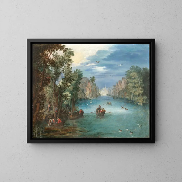 med livligt fluviallandskab med figurer - Jan Brueghel den Yngre — indrammet kunstværk på væggen