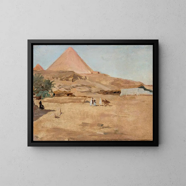 Motiv af ørken og pyramide fra rejse i Egypten - Jan Cybis — indrammet kunstværk på væggen