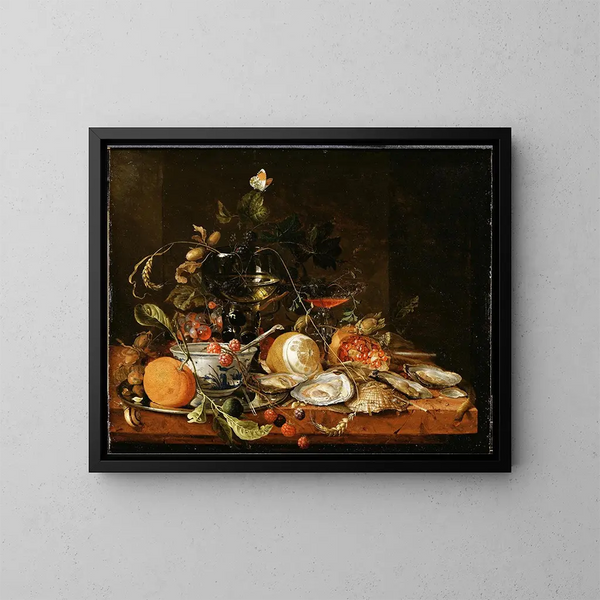 naturtro med vin, frugt og østers - Jan Davidsz de Heem — indrammet kunstværk på væggen