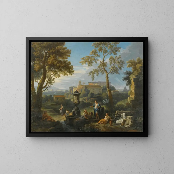 Klassiske siddende figurer nær ruiner i et italiensk landskab - Jan Frans van Bloemen — indrammet kunstværk på væggen