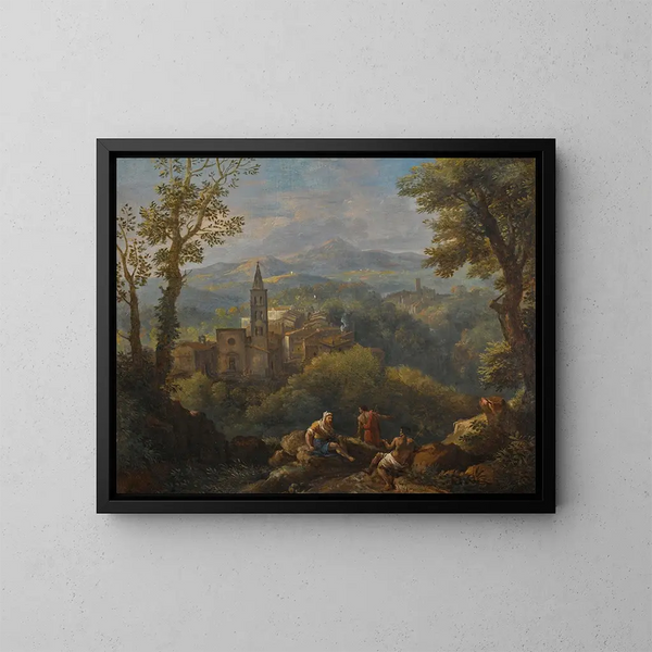 Landskabsmaleri med kursiv med tre figurer i forgrunden, hængende landsbyer og en kirke i det fjerne - Jan Frans van Bloemen — indrammet kunstværk på væggen