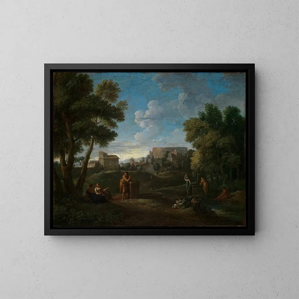 Klassisk landskabsmaleri nær Rom med udsigt over Palatin til Colosseum - Jan Frans van Bloemen — indrammet kunstværk på væggen