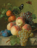 naturtro pærer, druer og blommer på en stenrand med en fugl og en sommerfugl - Jan Frans van Dael — visning af kunstværket