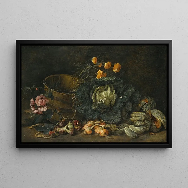 Jan Fyt - Still Life With Onions Figs Cucumbers A Cabbage And Some Flowers Arranged On The Floor Next To A Wooden Tub.webp