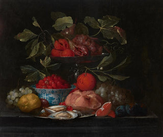 Jan Pauwel Gillemans the Elder - Wild strawberries in a Kraak porcelain bowl with oranges peaches lemons a bread roll and oysters on a stone ledge.webp