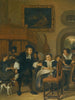 En gentleman giver et glas vin til en dame med et par, der spiller musik, og andre indbyggere i byen i et interiør - Jan Steen — visning af kunstværket