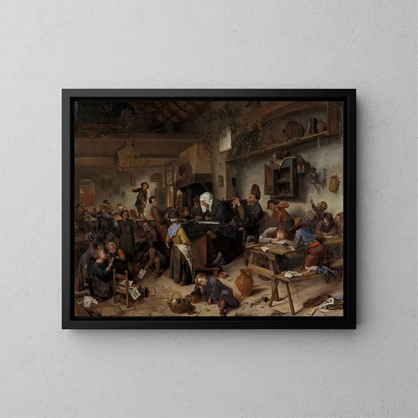 Une skole for drenge og piger - Jan Steen — indrammet kunstværk på væggen
