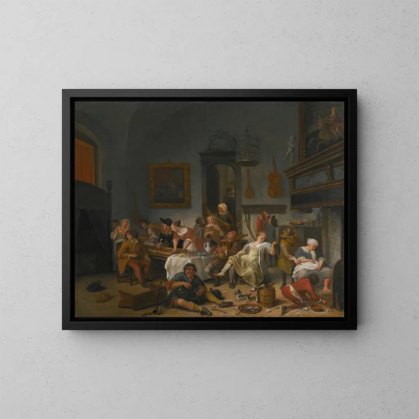 indendørs tavernascene med folk, der drikker og spiller musik - Jan Steen — indrammet kunstværk på væggen