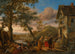 En spåkvinde og bønder foran en kro med et flodlandskab i baggrunden - Jan Steen — visning af kunstværket