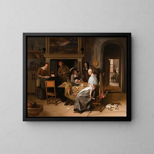 En elegant selskab i et interiør med figurer, der spiller kort ved et bord - Jan Steen — indrammet kunstværk på væggen