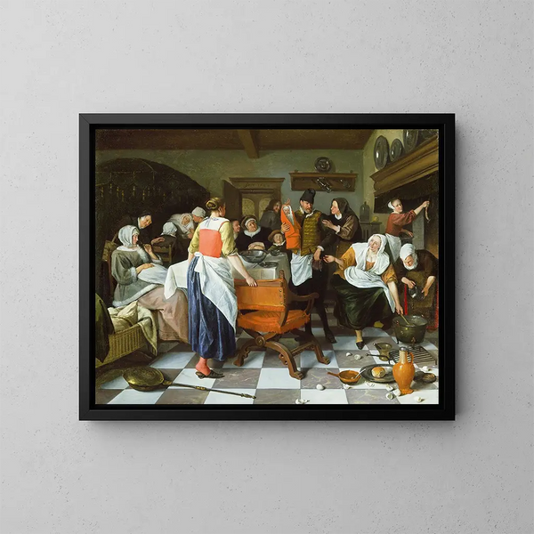 Fejring af fødslen - Jan Steen — indrammet kunstværk på væggen