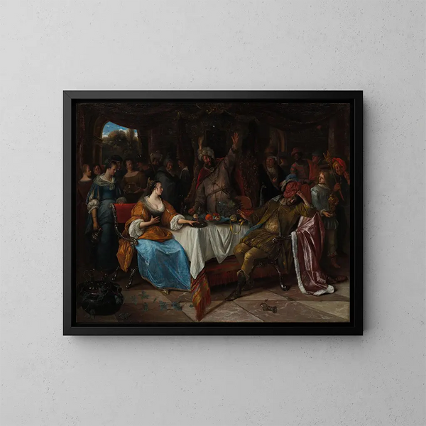 Esther, Assuérus og Haman - Jan Steen — indrammet kunstværk på væggen
