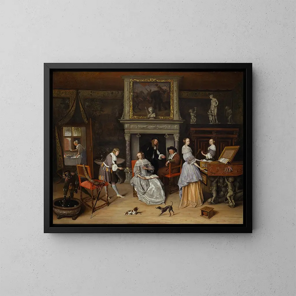 Fantasifuldt interiørmaleri med Jan Steen og Gerrit Schouten-familien - Jan Steen — indrammet kunstværk på væggen