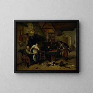 Jan Steen - Interior of an inn with an old man amusing himself with the landlady and two men playing backgammon known as Two kinds of games.webp