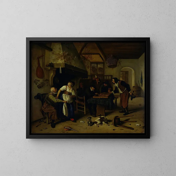 Indendørs maleri af en kro med en gammel mand, der hygger sig med værtinden, og to mænd, der spiller backgammon kendt som To slags spil - Jan Steen — indrammet kunstværk på væggen