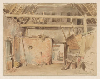 Jan Striening - Interieur van een boerenschuur met doorkijk naar de keuken.webp