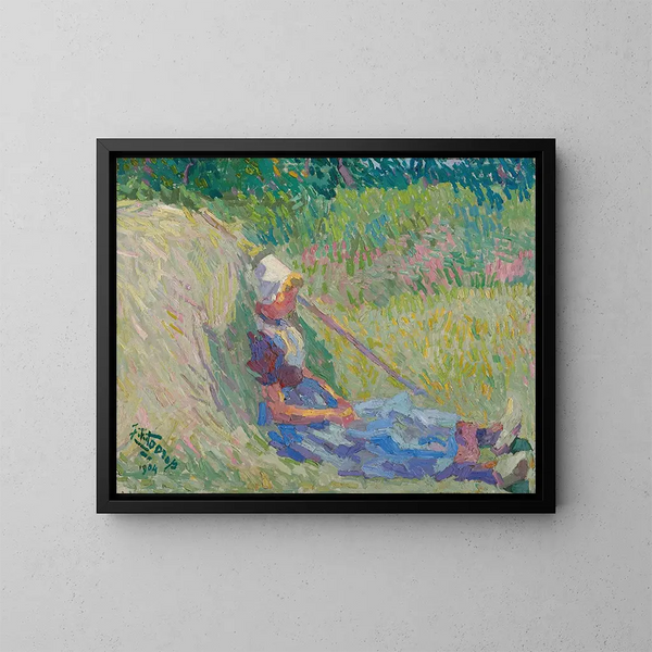 en pige, der hviler mod en høstak - Jan Toorop — indrammet kunstværk på væggen