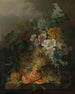 En stilleben med blomster, ferskner, druer og en skrællet appelsin, alt sammen hvilende på et bord - Jan van der Waarden — visning af kunstværket