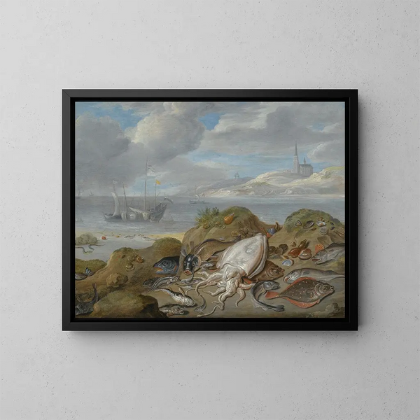 Naturstilleben med en blæksprutfisk, en helleflynder, torsk, muslinger og andre fisk på en klit, en kirke på den anden side af en bugt - Jan van Kessel den Ældre — indrammet kunstværk på væggen