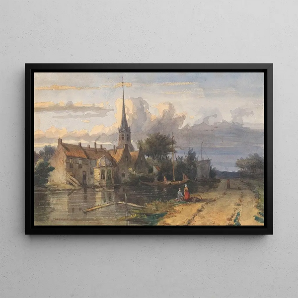 Jan Weissenbruch - Gezicht op een dorp aan een vaart.webp