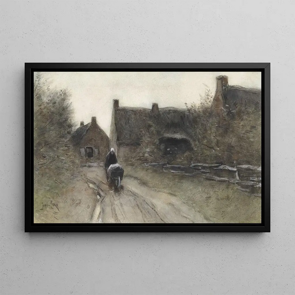 Jan van Essen - Dorpsgezicht met vrouw met kruiwagen.webp