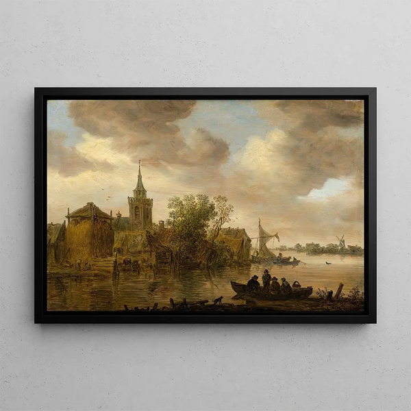 Vue de rivière med kirke og gård - Jan van Goyen — indrammet kunstværk på væggen