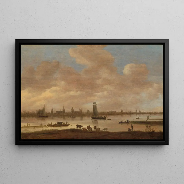Vue d'une ville imaginaire de l'autre côté d'une rivière avec la tour de Saint-Pol à Vianen - Jan van Goyen — indrammet kunstværk på væggen