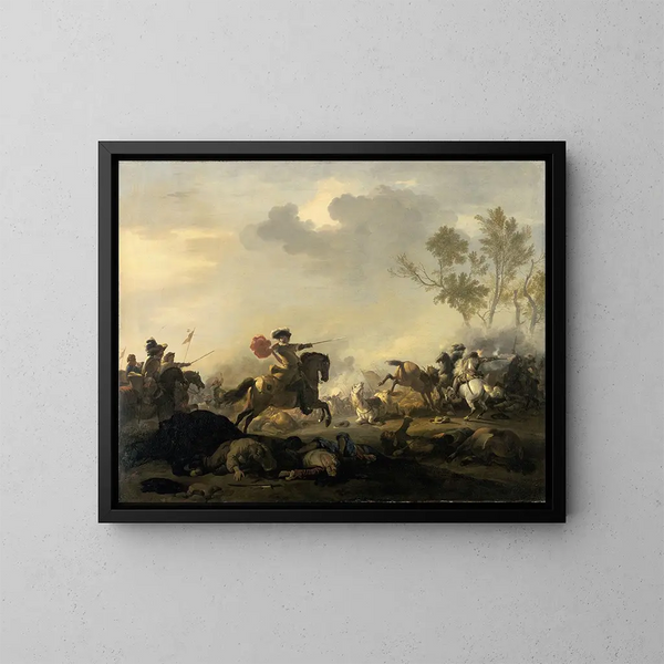 Attaque de cavalerie - Jan van Huchtenburg — indrammet kunstværk på væggen