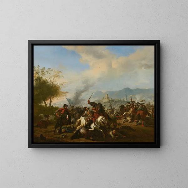 Engagement de cavalerie - Jan van Huchtenburg — indrammet kunstværk på væggen