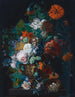 Naturtro af roses, tulipaner, peoner og andre blomster i en skåret sten vase med et fuglebo i en sten pedestal foran en niche - Jan van Huysum — visning af kunstværket