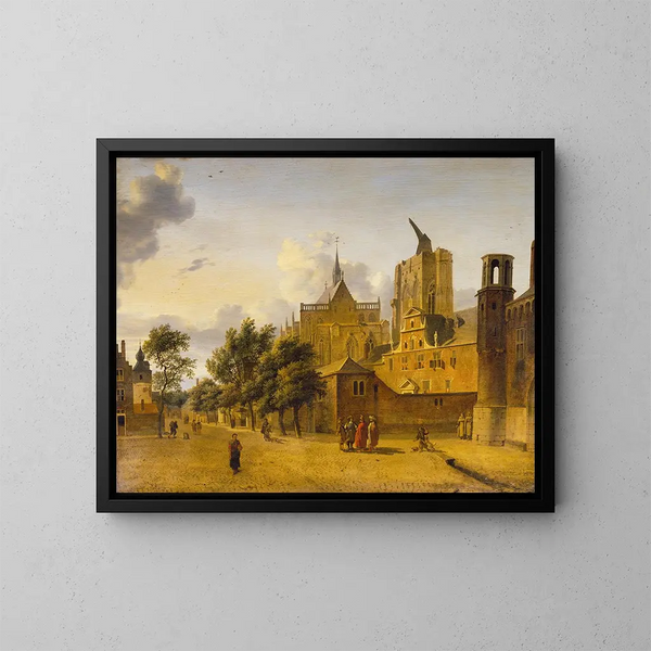 En gade scene i Köln - Jan van der Heyden — indrammet kunstværk på væggen