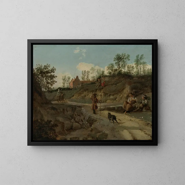 Et landligt landskab med figurer i samtale - Jan van der Heyden — indrammet kunstværk på væggen