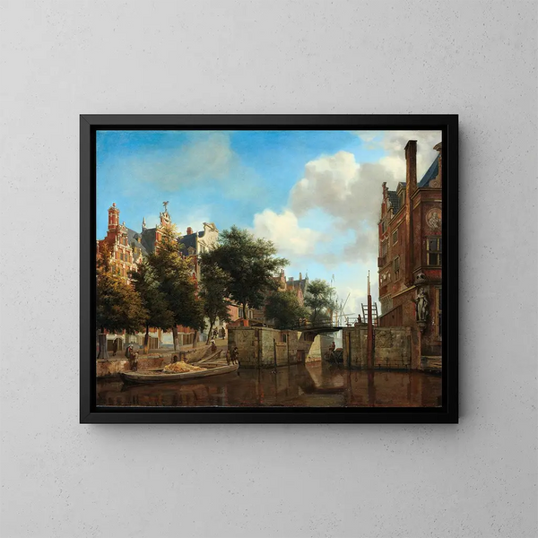 Jan van der Heyden | Maleri Vue d'Amsterdam med huse på Herengracht og den gamle Haarlemmersluis — indrammet kunstværk på væggen
