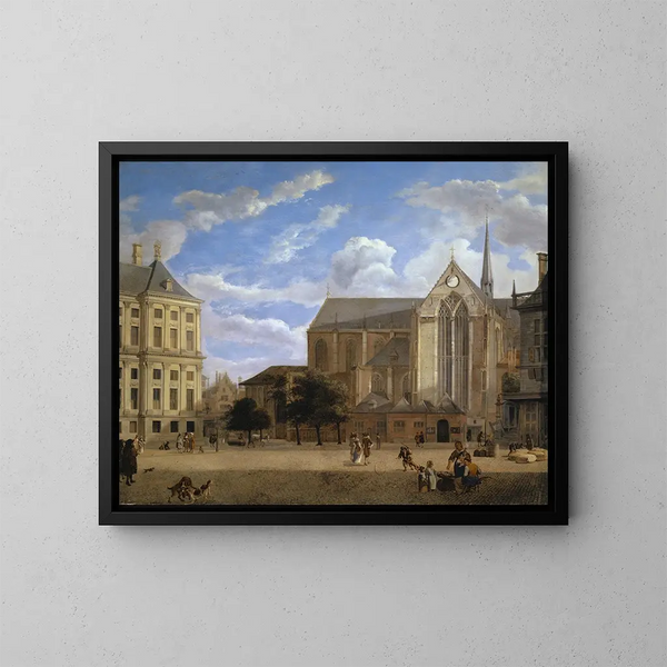 Le Dam i Amsterdam mod rådhuset og Nieuwe Kerk - Jan van der Heyden | Reproduction — indrammet kunstværk på væggen