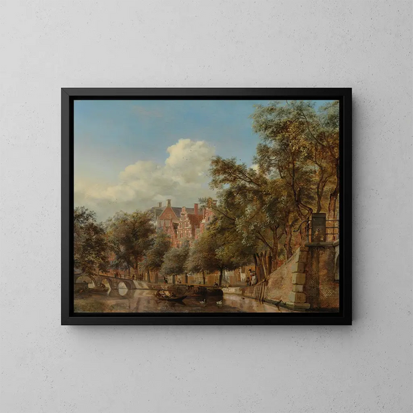 Le Herengracht i Amsterdam set fra Leliegracht - Jan van der Heyden — indrammet kunstværk på væggen
