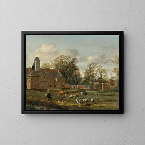 Goudestein med en kvinde og et barn, der går ved siden af en dæmning - Jan van der Heyden — indrammet kunstværk på væggen