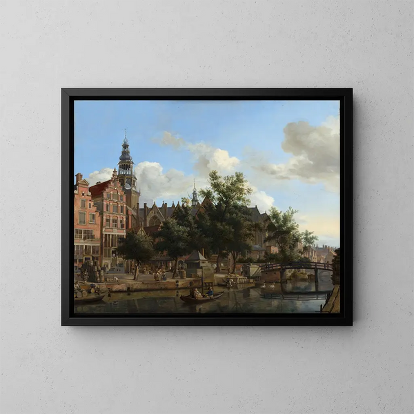 Vue de l'Oudezijds Voorburgwal med den Oude Kirke i Amsterdam - Jan van der Heyden — indrammet kunstværk på væggen