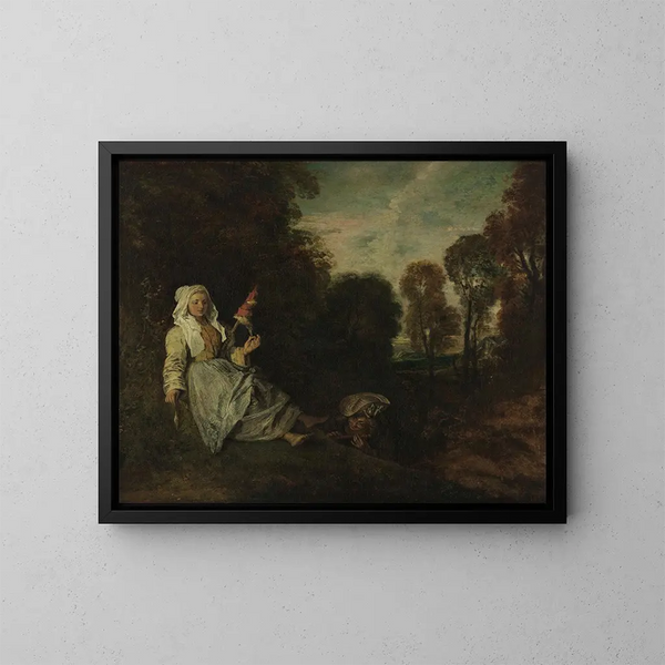 Landskab om aftenen med en spinder - Jean-Antoine Watteau — indrammet kunstværk på væggen