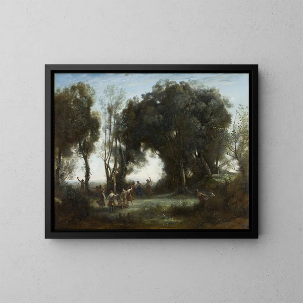 En morgen, nymfens dans - Jean-Baptiste-Camille Corot — indrammet kunstværk på væggen