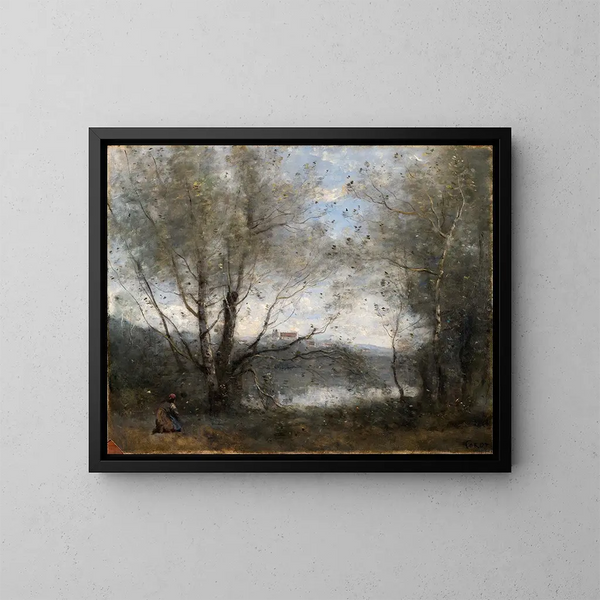 Et vandpyt gennem træerne - Jean-Baptiste-Camille Corot — indrammet kunstværk på væggen