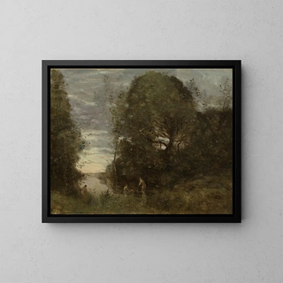 badende kvinder i en skovbugt - Jean-Baptiste-Camille Corot — indrammet kunstværk på væggen