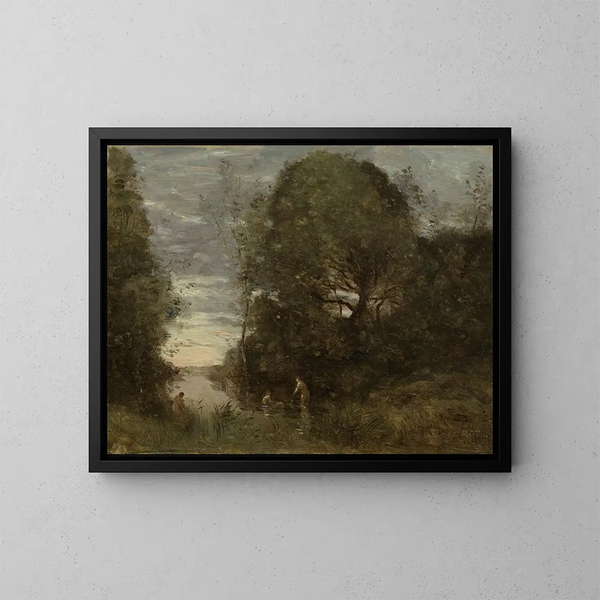 badende kvinder i en skovbugt - Jean-Baptiste-Camille Corot — indrammet kunstværk på væggen