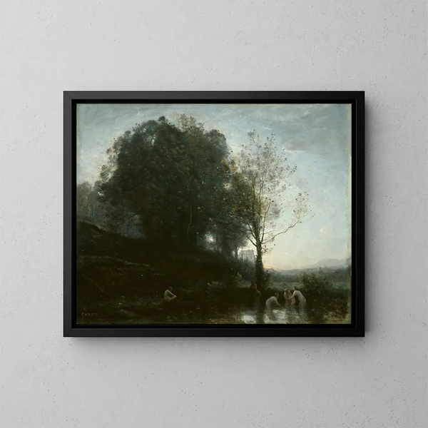 Nymfe og barn i bad - Jean-Baptiste-Camille Corot — indrammet kunstværk på væggen