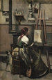 Atelier de Corot Kvinde sidder foran et lærred med en mandolin i hånden - Jean-Baptiste-Camille Corot — visning af kunstværket