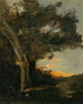 Solnedgang med en løvinne - Jean-Baptiste-Camille Corot — visning af kunstværket