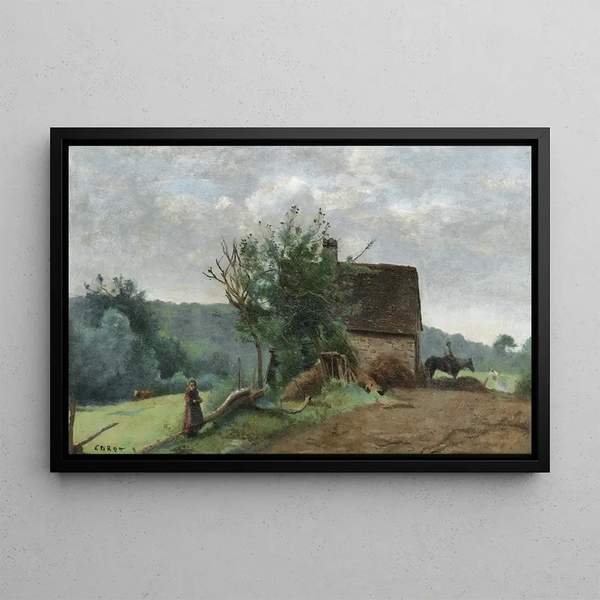 et gårdsplads med en rytter og en lille pige i forgrunden - Jean-Baptiste-Camille Corot — indrammet kunstværk på væggen